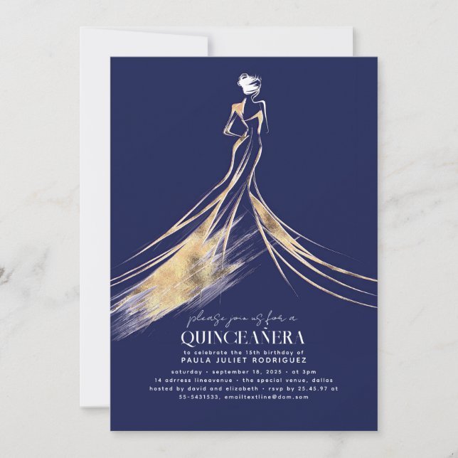 Convites Marinho sofisticado Elegante QUINCEAÑERA Azul (Frente)