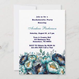 Convites Marinho Teal Blue Peony Flowers Festa de solteira