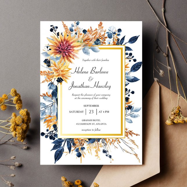 Convites Marinho Terracotta Rust Casamento Russo Floral Ele (Navy Terracotta Rust Elegant Floral Rustic Wedding Invitation)