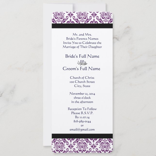 Convites Marinho Texto Roxo Damask Monograma Casamento (Frente)