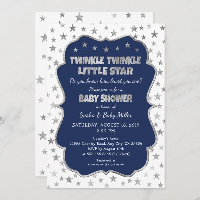 Convites Marinho Twinkle Little Star Baby Shower (Frente/Verso)