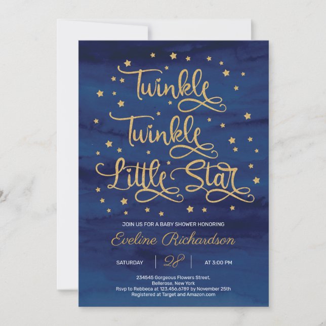 Convites Marinho Twinkle Twinkle Little Star Chá de fraldas (Frente)