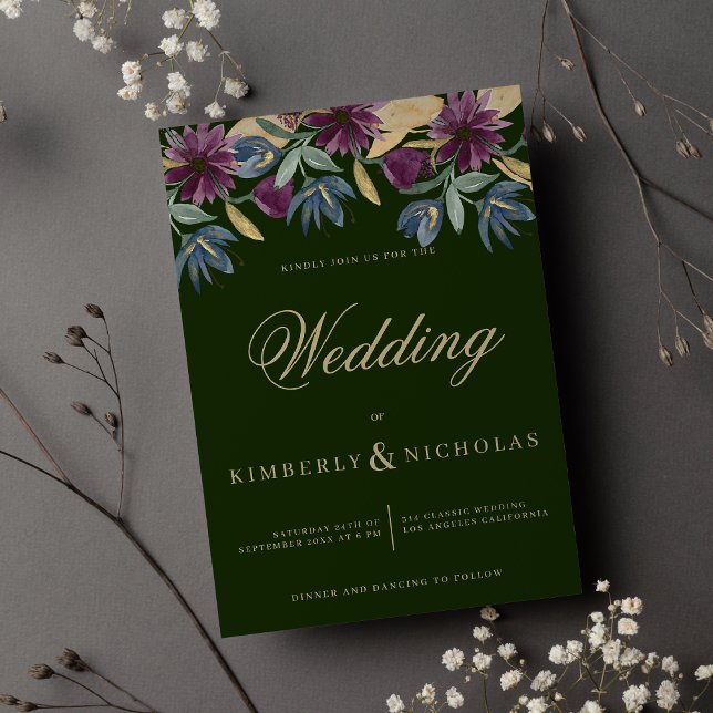 Convites Marinho verde-escuro, azul-escura, casamento flora (Chic dark green navy blue gold floral wedding)