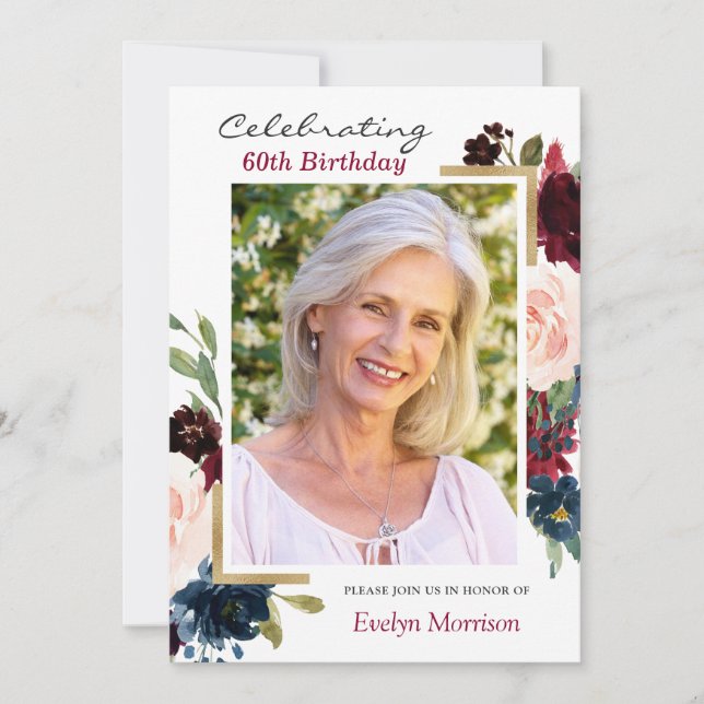 Convites Marinho Vermelho Azul, Festa de aniversário Floral (Frente)