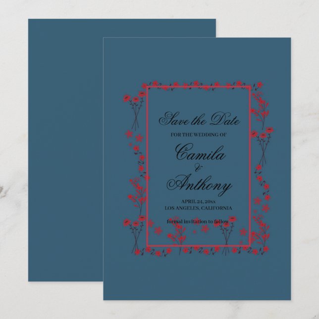 Convites Marinho Vermelho Borda Floral Casamento Salvar Dat (Frente/Verso)