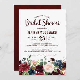 Convites Marinho Vermelho Floral Chá de panela Boho