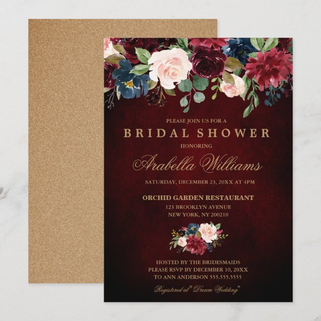 Convites Marinho Vermelho  Floral Chá de panela Boho (Frente/Verso)