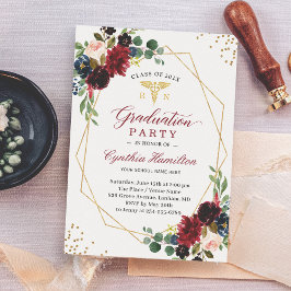 Convites Marinho Vermelho Floral Dourado Símbolo Médico Gra