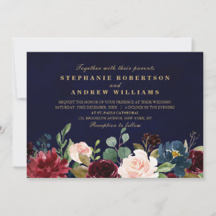 Convites Marinho Vermelho Floral Russo  Borgonha