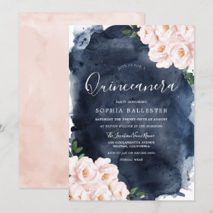Convites Marinho Watercolor Belo Blush Floral Quinceanera