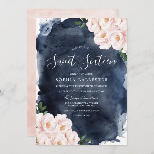 Convites Marinho Watercolor Belo Blush Floral Sweet 16 (Frente/Verso)