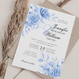 Convites Marinho Watercolor Floral de Casamento de Script E