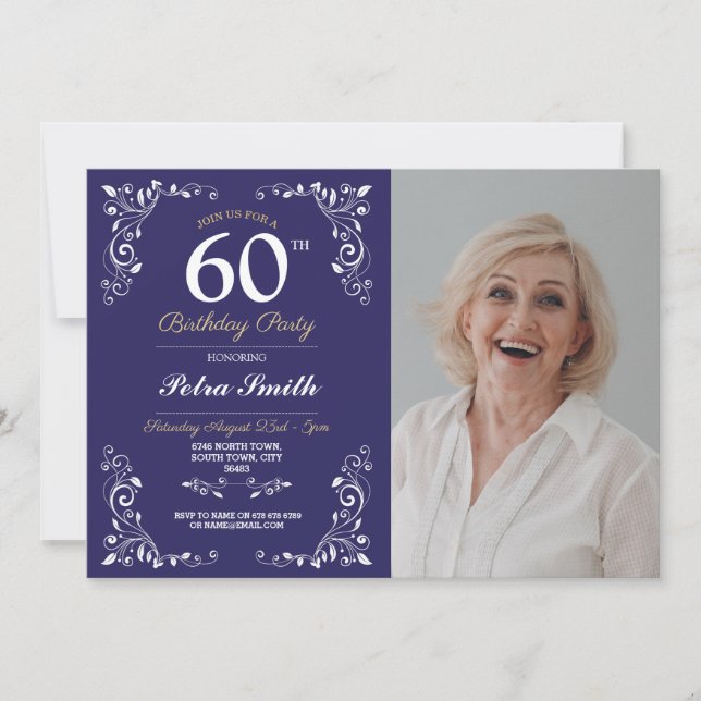 Convites Marinho White Birthday Womens Classy 60th Foto (Frente)