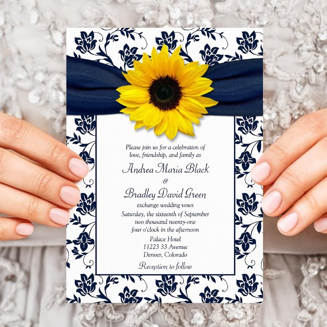 Convites Marinho White Damask Sunflower Invitation (Criador carregado)