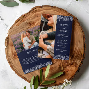 Convites Marinho White Rose Outlines 2 em 1 Foto Casamento