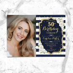 Convites Marinho White Stripes Foto Dourada 50º Aniversário<br><div class="desc">Elegante convite floral feminino para o 50º aniversário com sua foto. Design de cor rosa branca com marinho brilhante com ouro brilhante falso. Apresenta faixas marinho azul e branca, rosas, fonte de script e confetti. Perfeito para uma festa de comemoração de na moda adulto. Personalize com seus próprios detalhes. Pode...</div>
