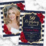 Convites Marinho White Stripes Rosa vermelha Foto 50º Anive<br><div class="desc">Elegante convite floral feminino de 50 anos com sua foto no final do cartão. Design vermelho branco com marinho brilhante com ouro brilhante falso. Apresenta faixas marinho azul e branca, rosas vermelhas, fonte de script e confetti. Perfeito para uma festa de comemoração de na moda adulto. Personalize com seus próprios...</div>