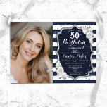 Convites Marinho White Stripes Silver Foto 50º Aniversário<br><div class="desc">Elegante convite floral feminino para o 50º aniversário com sua foto. Design branco-cor-de-rosa com marinho brilhante com prata fluorescente. Apresenta faixas marinho azul e branca, rosas, fonte de script e confetti. Perfeito para uma festa de comemoração de na moda adulto. Personalize com seus próprios detalhes. Pode ser personalizado para qualquer...</div>