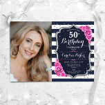 Convites Marinho White Stripes Silver Pink Foto 50º Anivers<br><div class="desc">Elegante convite de 50 anos femininos com sua foto. Design branco-cor-de-rosa com marinho brilhante com prata fluorescente. Apresenta faixas marinho azul e branca, rosas cor-de-rosa, fonte de script e confetti. Perfeito para uma festa de comemoração de na moda adulto. Personalize com seus próprios detalhes. Pode ser personalizado para qualquer idade!...</div>