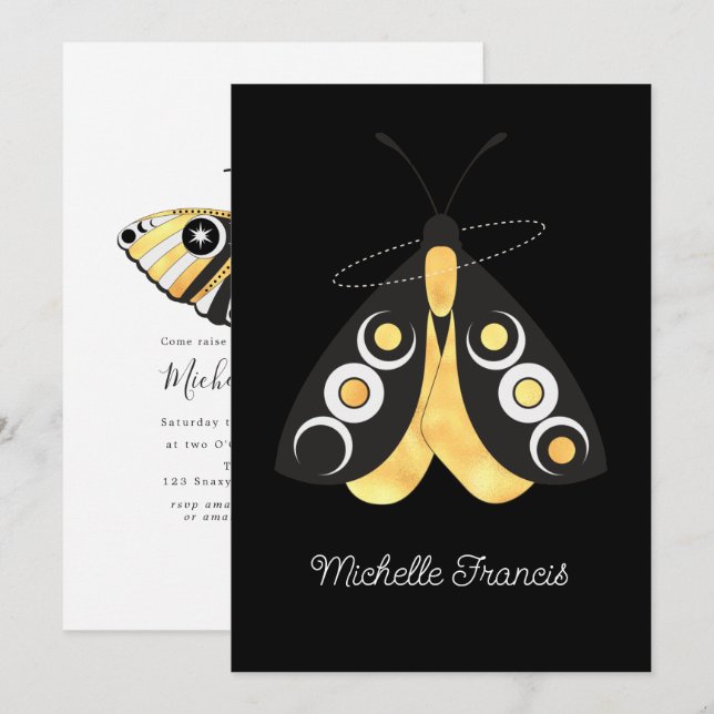 Convites Mariposas Prateadas e Douradas Astro Celestiais Mí (Frente/Verso)