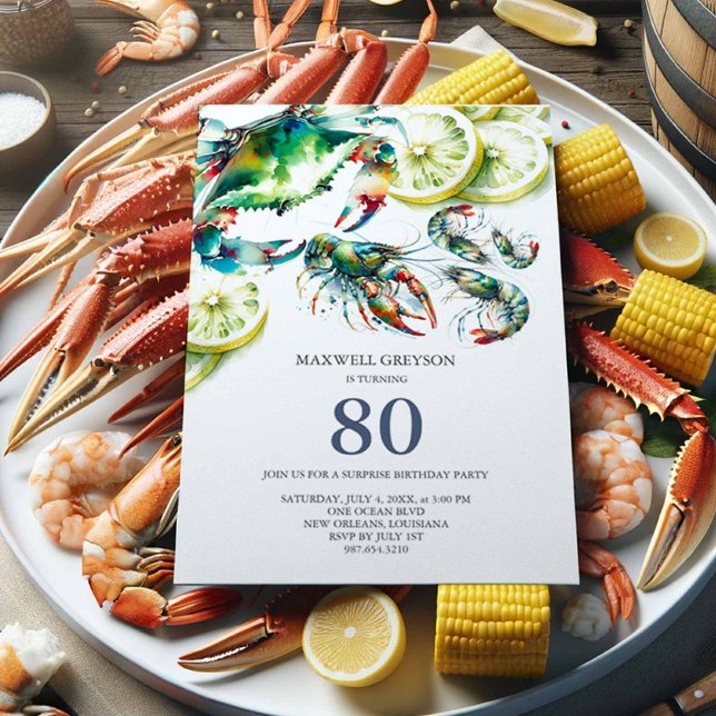 Convites Marisco Boil 80 Birthday Invances (80th birthday invitations for a man watercolor seafood boil cajun style crab, shrimp and crawfish)