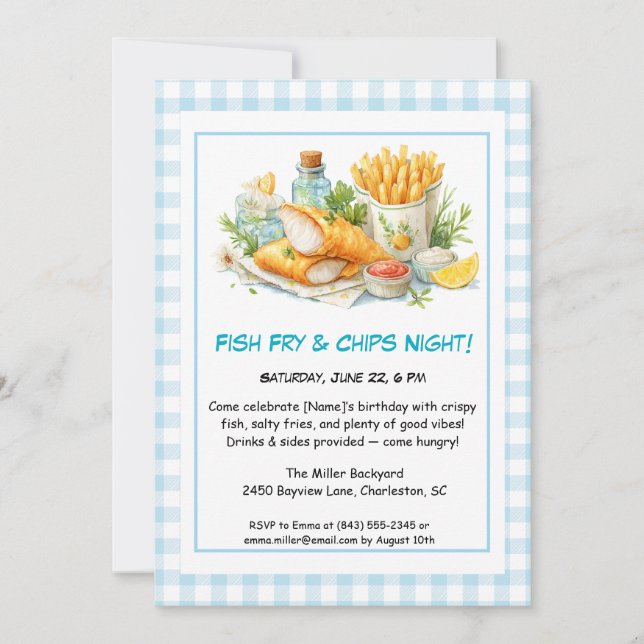 Convites Marisco casual - Peixes Fritos e Chips Aniversário (Frente)