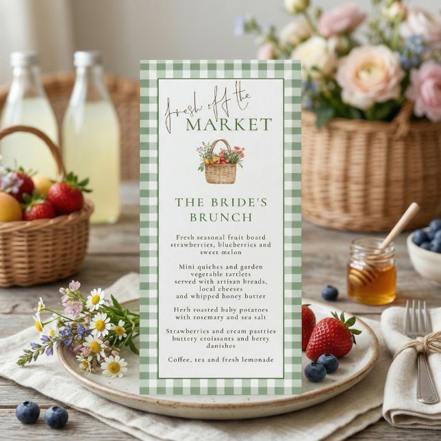 Convites Market Brunch Gingham Bridal Shower Menu Card (Criador carregado)