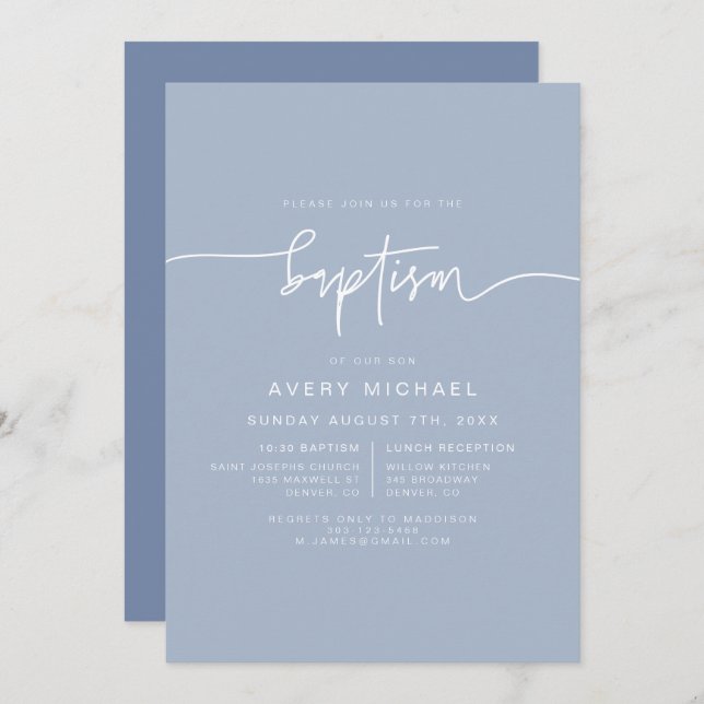 Convites MARLO Modern Boho Dusty Blue Boy Baptism (Frente/Verso)
