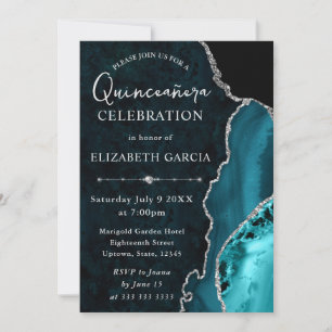 Convites Mármore Ágata Prata Turquesa Glam Quinceañera
