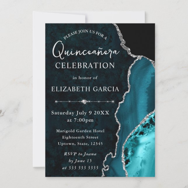 Convites Mármore Ágata Prata Turquesa Glam Quinceañera (Frente)