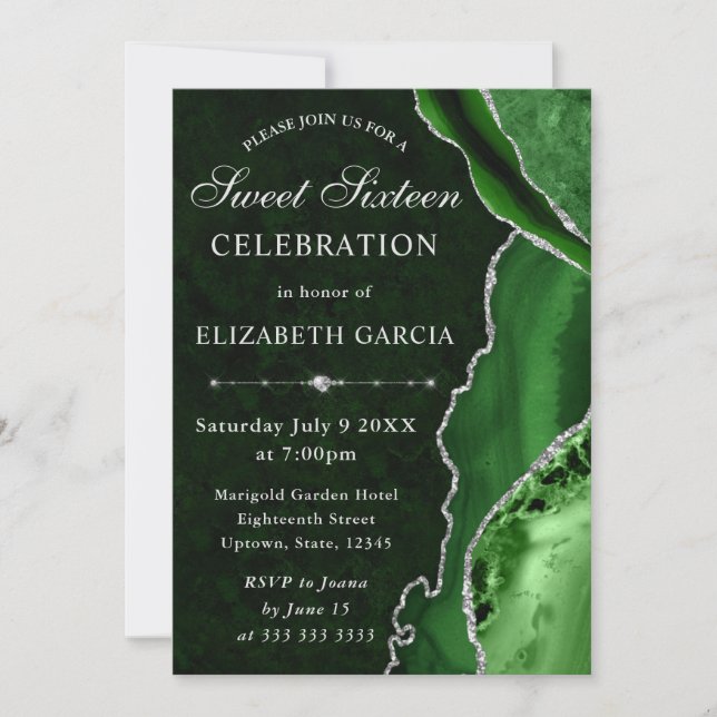 Convites Mármore Ágata Prateado Verde Glam Sweet 16 (Frente)
