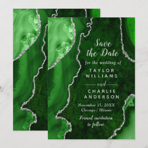 Convites Mármore Ágata Verde e Prata Save The Date