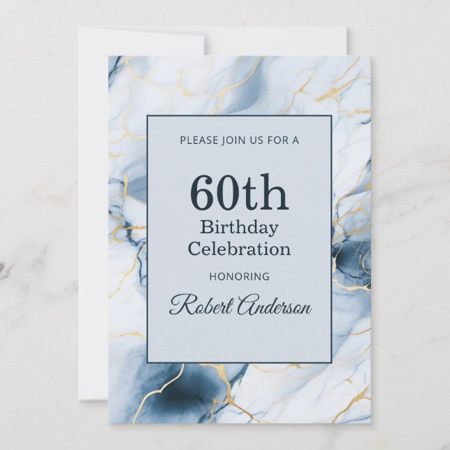 Convites Mármore Azul Claro Aniversário de 60 anos (Frente)