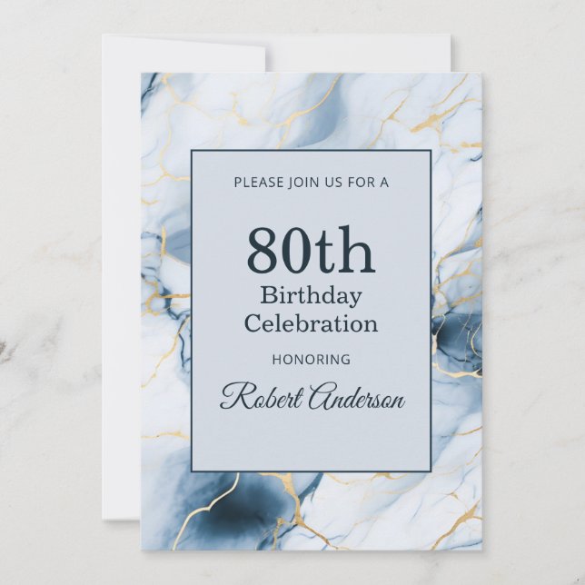 Convites Mármore Azul Claro Aniversário de 80 anos (Frente)