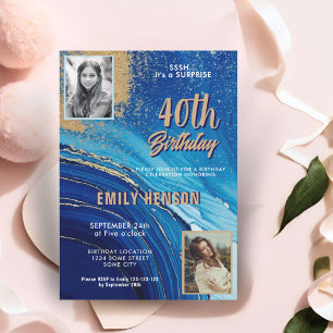 Convites Mármore Azul Dourado Brilho 2 Foto 40º Aniversário