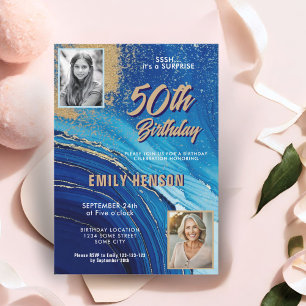 Convites Mármore Azul Dourado Brilho 2 Foto 50º Aniversário