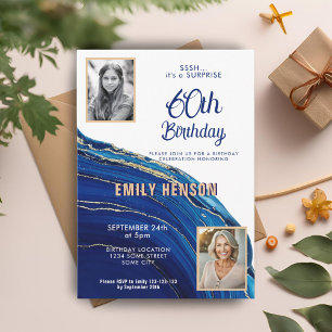 Convites Mármore Azul Dourado Brilho 2 Foto 60º Aniversário