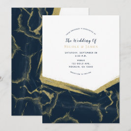 Convites Mármore Azul Escuro e Dourado Chic Casamento Moder