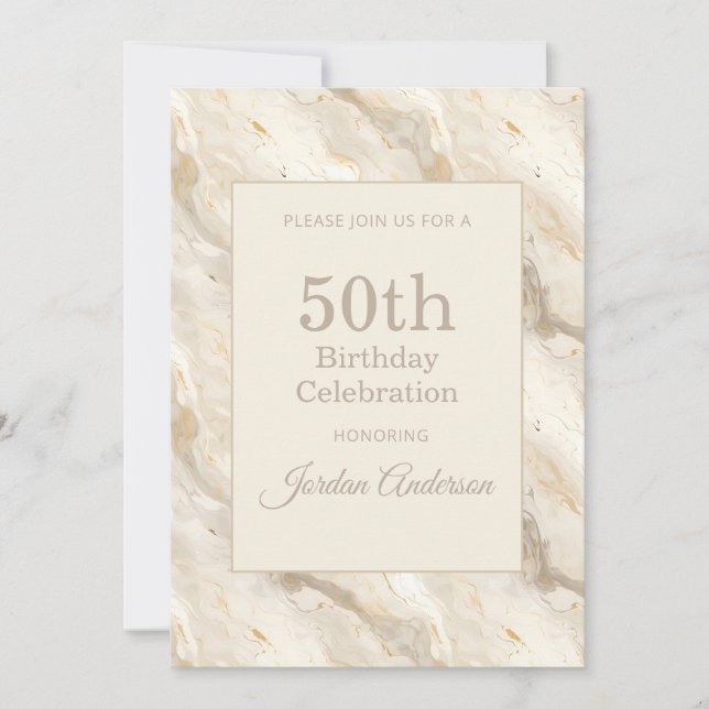 Convites Mármore Bege Claro Aniversário de 50 anos (Frente)