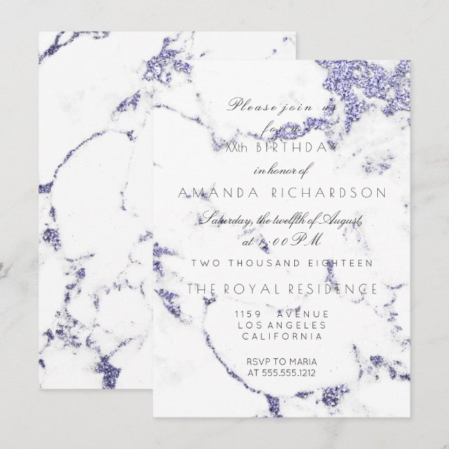 Convites Mármore Branco Carrara Glitter Azul Índigo Elegant (Frente/Verso)
