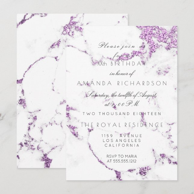 Convites Mármore Branco Carrara Glitter Lilás Roxo Elegante (Frente/Verso)
