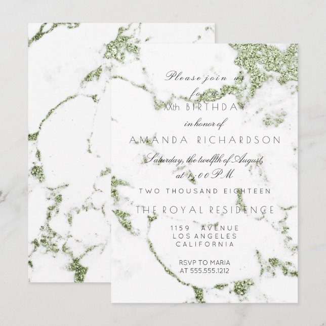 Convites Mármore Branco Carrara Verde Menta Brilho Aniversá (Frente/Verso)
