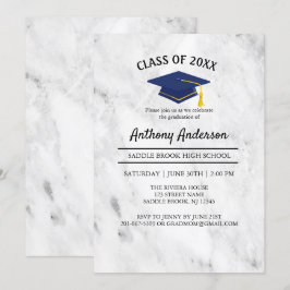 Convites Mármore Branco Com Graduação De Boné Marinho Azul