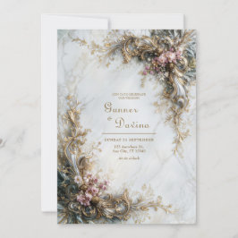 Convites Mármore Branco Dourado Rosa Floral Rococó Casament