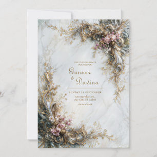 Convites Mármore Branco Dourado Rosa Floral Rococó Casament