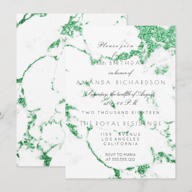 Convites Mármore Branco Grama Esmeralda Verde Brilho Aniver (Frente/Verso)