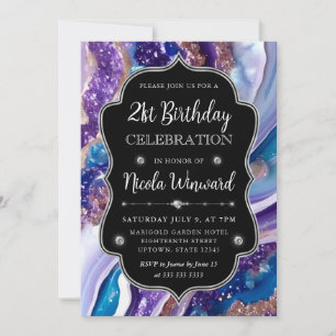 Convites Mármore Brilhante Azul e Roxo Aniversário de 21 An