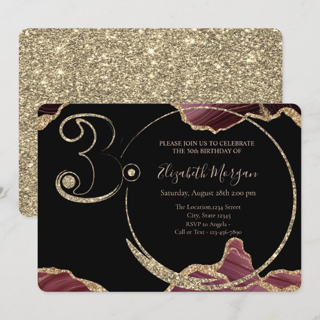 Convites Mármore Burgundy com Glitter Dourado Aniversário d (Frente/Verso)