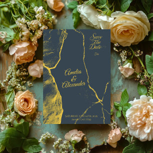 Convites Mármore Cinza e Dourado Elegante Save the Date Mod