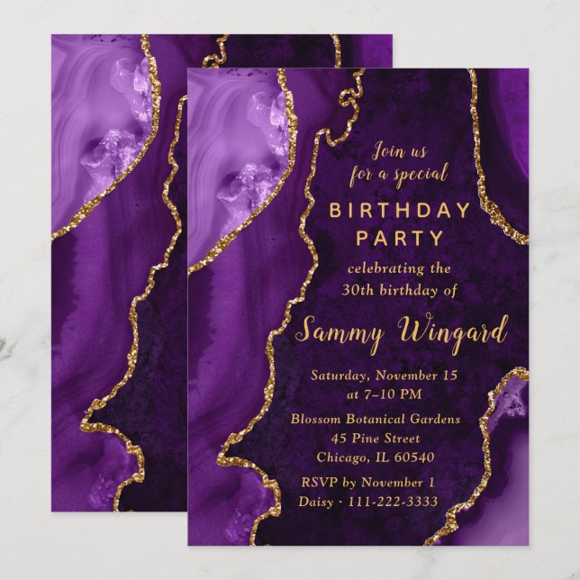 Convites Mármore de Ágata Roxo e Dourado Festa de Aniversár (Frente/Verso)